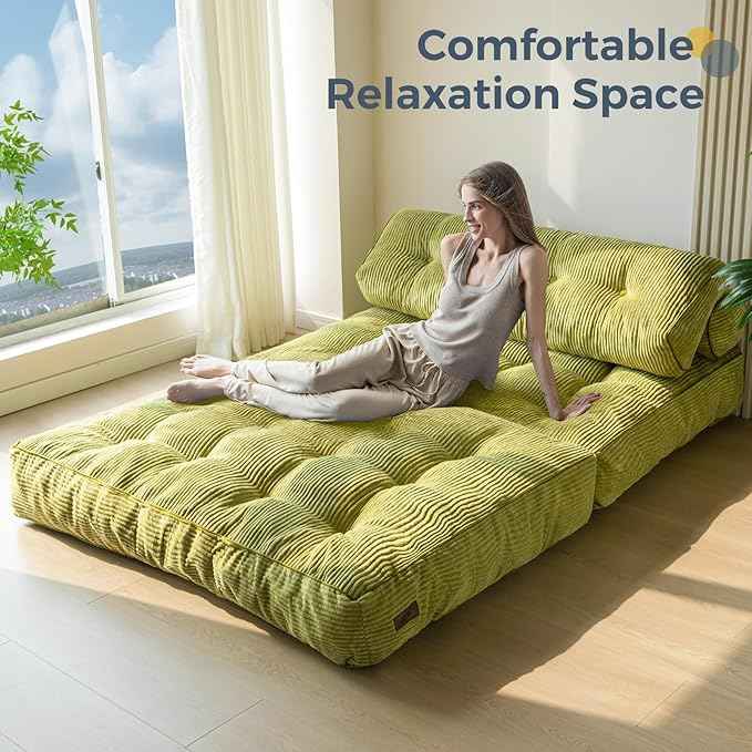 MAXYOYO Folding Sofa Bed, Convertible Sleeper Chair with Pilow Foldable Matress with Back Support, Portable Fold Out Chair Bed for Living Room Bedroom, Green Double