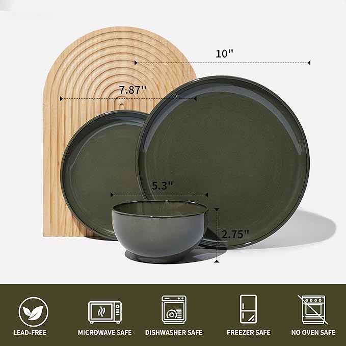 Santorini Mist Terracotta Reactive Glaze Plates and Bowls Sets, Stoneware Dinnerware Sets, Microwave and Dishwasher Safe Ceramic Dish Set Service for 4, Blackish Green
