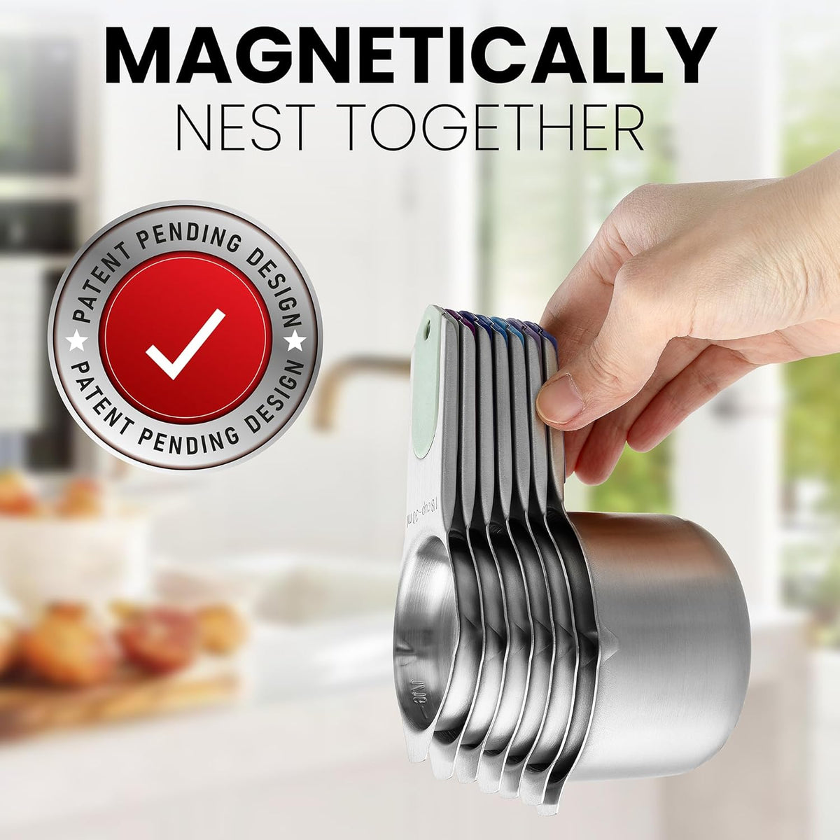 Spring Chef Magnetic Stainless Steel Measuring Cups, Patented, Kitchen Tools with Easy to Read Markings for Measuring Dry or Liquid Ingredients, Set of 7, Winter Frost