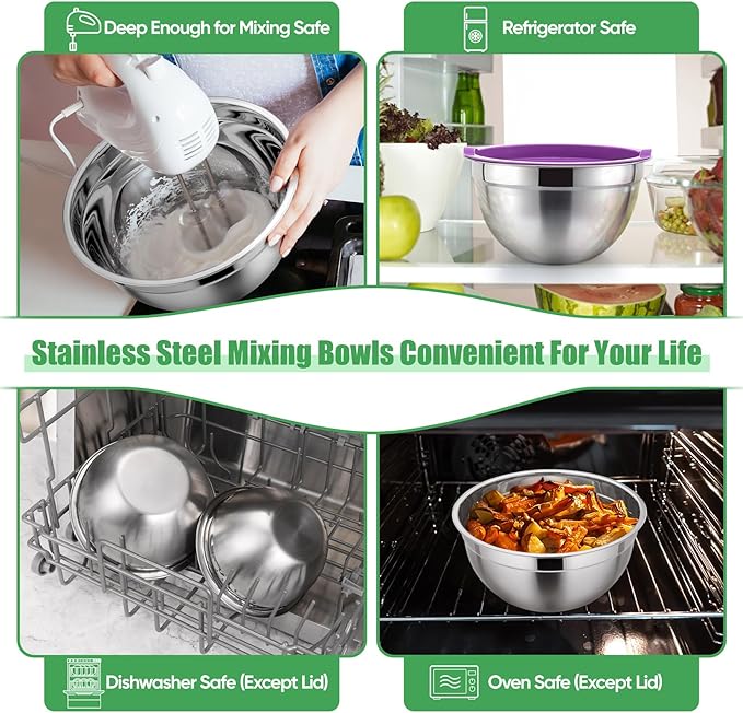 P&P CHEF Mixing Bowls with Airtight Lids Set of 5, 10-Piece Stainless Steel Mixing Nesting Bowl, Metal Bowl with Lid for Kitchen Prepping & Storing, Size 4.6, 3, 1.5, 1, 0.7 QT, Multicolor