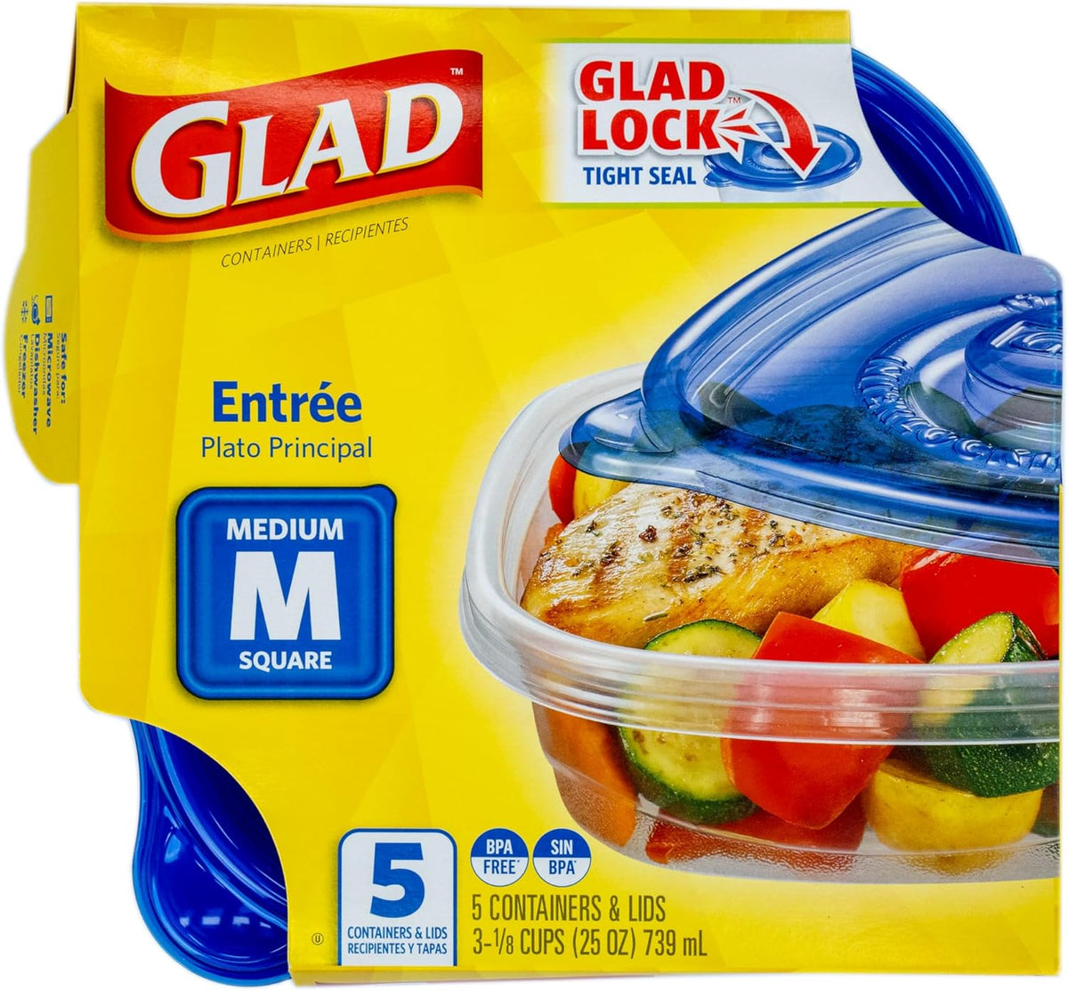 Glad GladWare Entrée Food Storage Containers, Medium Square - Meal Container Holds up to 25 Ounces of Food - Lock Tight Seal, 5 Count - 2 Pack