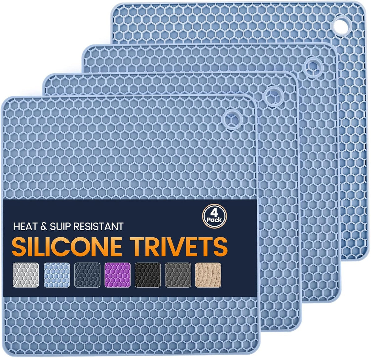 Silicone Trivet Mats 4 Heat Resistant Pot Holders Multipurpose Non-Slip Hot Pads for Kitchen Potholders, Drying mat, Jar Opener, Spoon Holder, Coaster.(Blue)