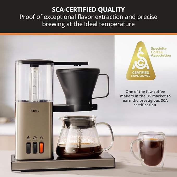 KRUPS Essential Brewer 8 Cup Drip Coffee Maker Machine, SCA-Certified, Blooming Technology, Barista-Quality, Pour Over Coffee Machine, Easy to Clean, Stainless Steel Design, Silver