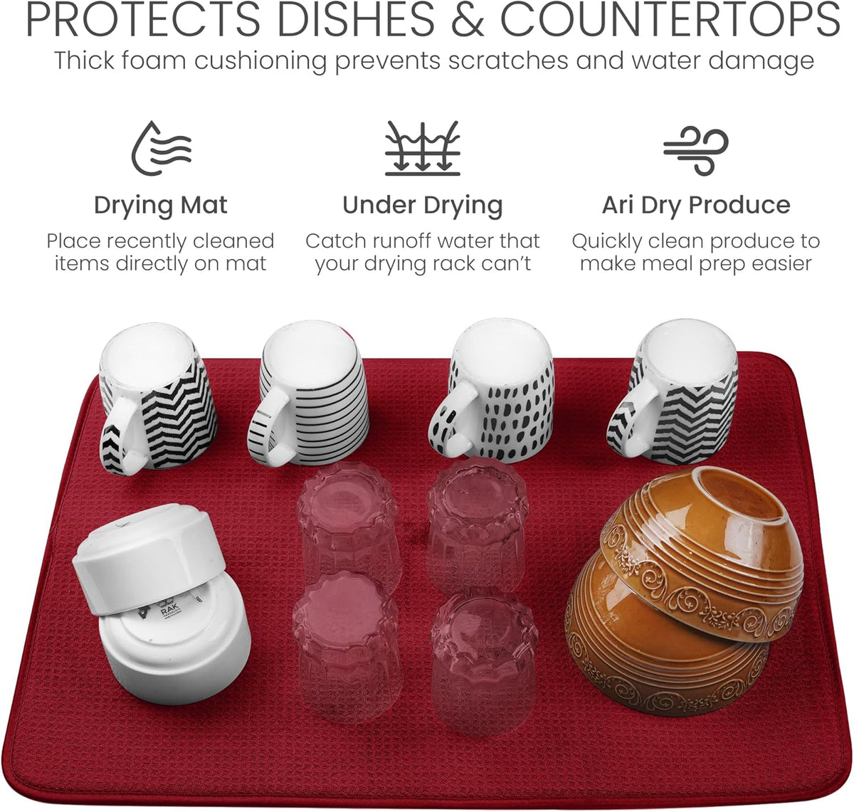 Bellemain XXL Dish Mat 24" x 17" ( LARGEST MAT ) Microfiber Dish Drying Mat , Super absorbent ( Red )