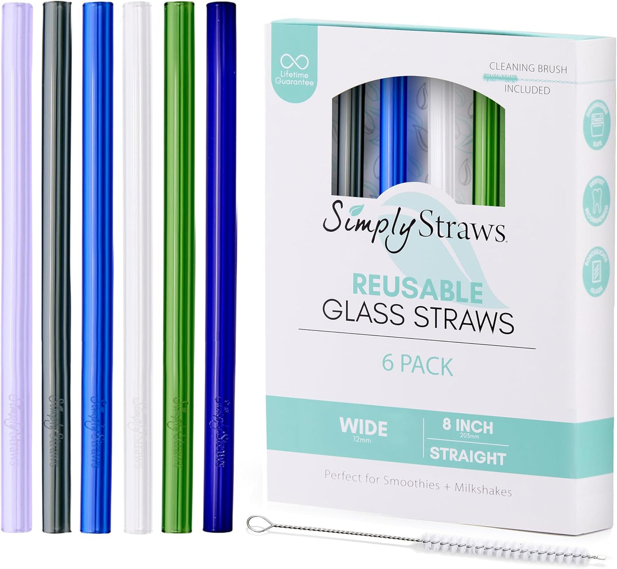 Simply Straws 8 Inch Wide Glass Straws (6-Pack) - 12mm Reusable Boba Straws for Milkshakes & Smoothies, with Cleaning Brush - Dishwasher Safe, Hot & Cold Use, BPA-Free (Seaglass)