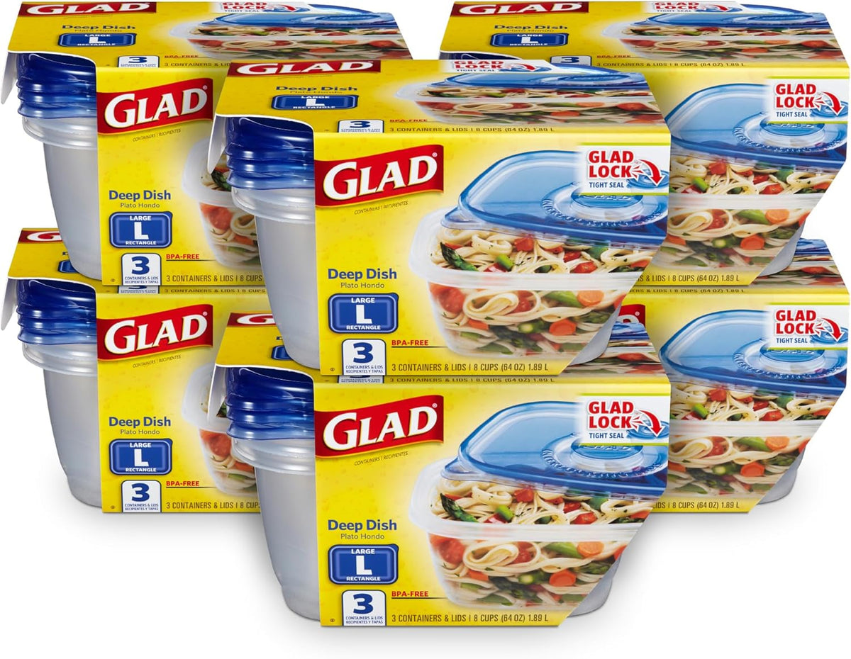 Glad GladWare Deep Dish Food Storage Containers, Large Rectangle - Meal Container Holds up to 64 Ounces of Food - Lock Tight Seal, 3 Count - 6 Pack