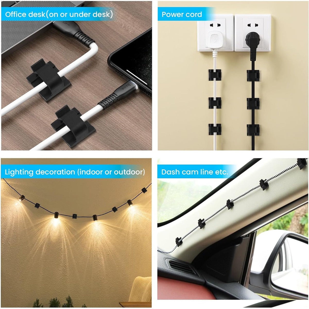100 PCS Adhesive Cable Clips Black (50 Small & 50 Large), Cable Management Under Desk, Cable Wall Clip, Wire Clips for Cords of Car Dash Cam, HDMI, Extension Cord, TV PC Phone USB Ethernet Coax