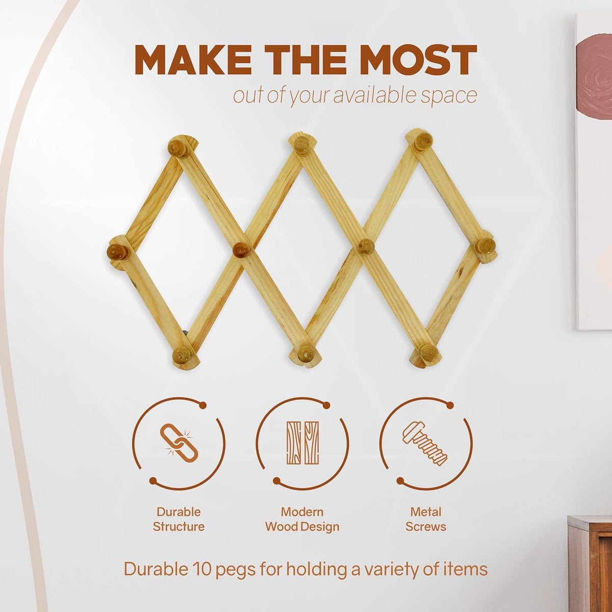 RAM-PRO Accordion Style Wood Expandable Rack Hat, Cap, Belt, Umbrella Coffee Mug Wall wooden Pegs (Set of 2)