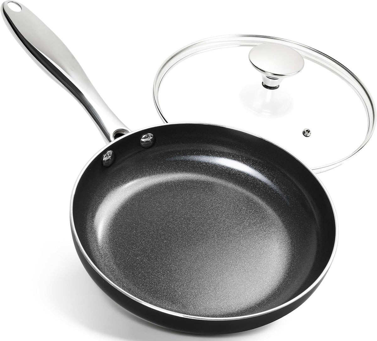 MICHELANGELO Small Frying Pan - 8 Inch Frying Pan Nonstick with Lid, Non-Toxic Ceramic Pans with Stainless Steel Handle, Nonstick Skillet, Black