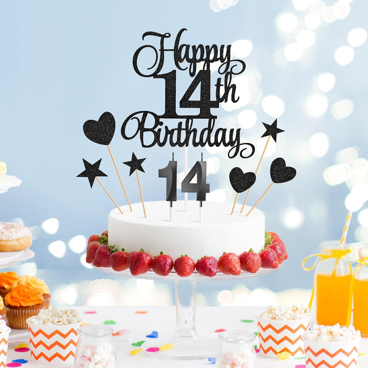 14th Birthday Cake Decorations, 14th Birthday Candles Cake Numeral Candles and Glitter Happy 14th Birthday Cake Toppers Set for Birthday Party Supplies (Black)