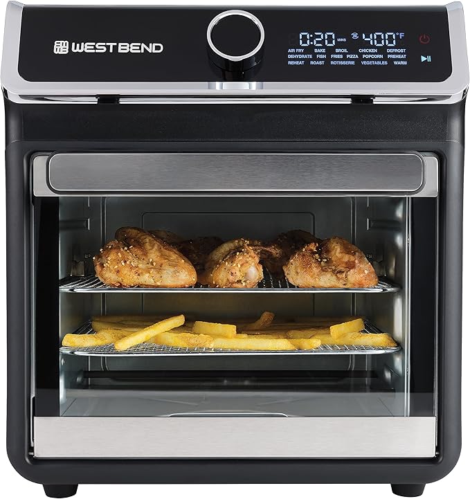 West Bend Air Fryer Oven 15-Quart Capacity with Digital Controls Easy-View Door and 16 Cooking Presets, Includes Eight Cooking Accessories, 1000-Watts, Black