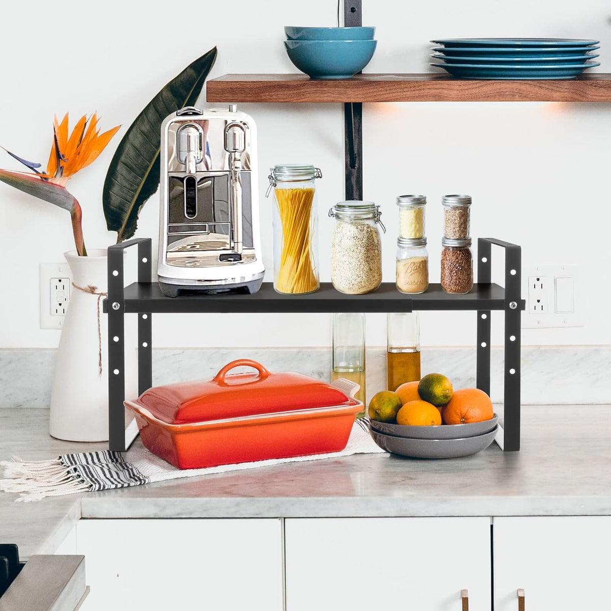 Expandable Cabinet Shelf Organizer Rack, Stackable Kitchen Counter Storage Shelves Stand, Adjustable Height Pantry Shelf Spice Rack (Black, 1 Pack)