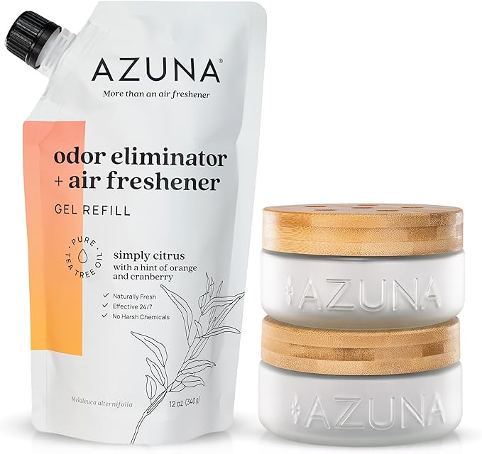 Azuna Air Freshener & Odor Eliminator for Strong Odor | 2 Room Kit Includes (2) Empty Luxe Glass Jar & 12oz Gel Refill with Tea Tree Essential Oil | Simply Citrus | Last 60-90 Days