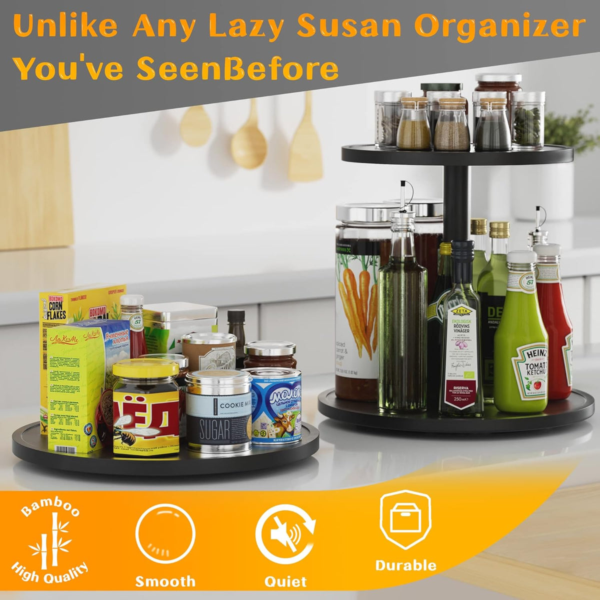 Lazy Susan Organizer Homerays 12 Inch Non-Skid Bamboo Lazy Susan for Kitchen Rotating Spice Rack for Kitchen Cabinet, Wood Turntable for Kitchen Countertop Organizer Black
