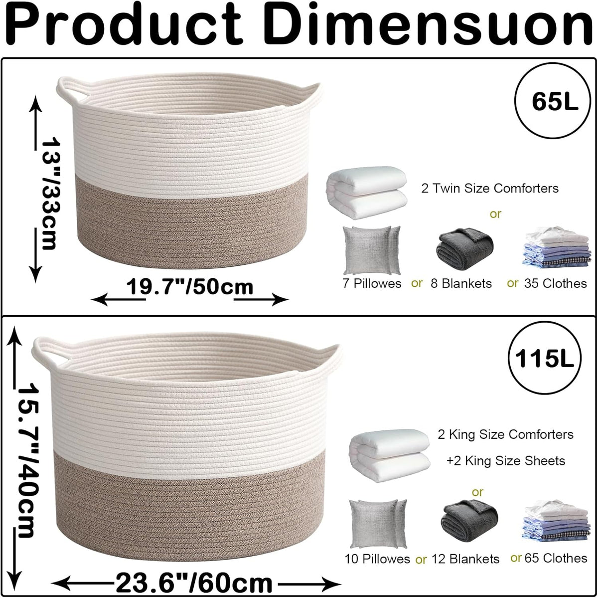 Large Blanket Basket for Organizing,115L Closet Organizers and Storage Bins Box for Shelves Woven Rope Storage Baskets,Living Room,Bedroom,Dorm,Laundry room (White&Brown)