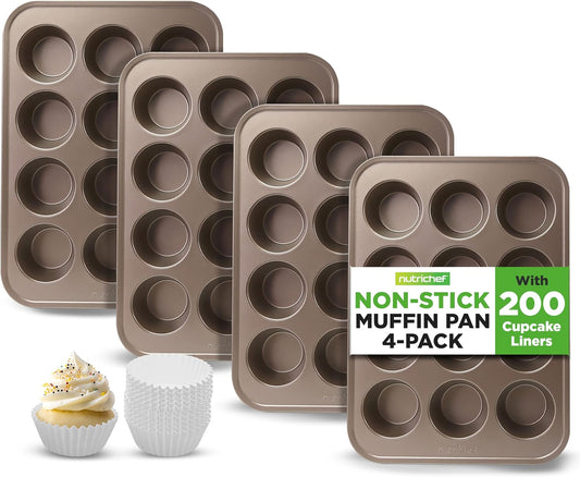 NutriChef Muffin Pans for Baking 4-Pack | Nonstick 12 Mold Cupcake Tins | Carbon Steel Stackable Cup Cake Trays | Dishwasher & Oven Safe | Includes 200 Parchment Paper Liners | 13 x 10 x 1 | Gold