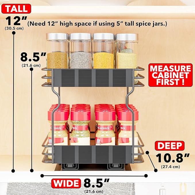 SpaceAid Pull Out Spice Rack Organizer for Cabinet, Heavy Duty Slide Out Seasoning Kitchen Organizer, Cabinet Organizer, with Labels, 8.5" W x10.75 D x8.5 H, 1 Drawer 2-Tier