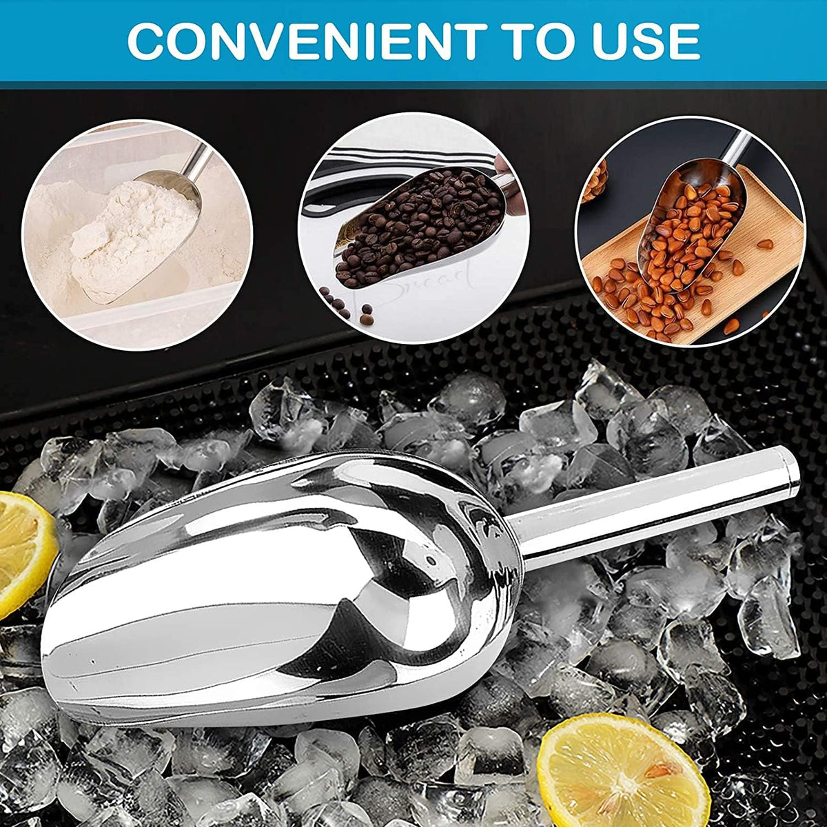 Ice Scoop,12OZ Ice Scoop For Multi-Purpose Use,Stainless Steel Metal Food Scoop Kitchen Restaurant Bar Party Wedding Ice Machine Heavy Duty, Scoops for Household Purposes,Silver(B)