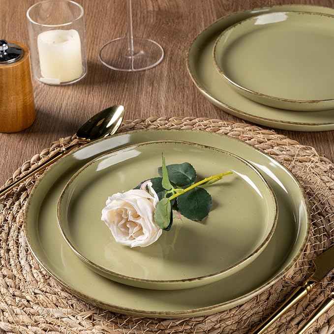 AmorArc Ceramic Dinnerware Sets for 4, 12 Pieces Handpainted Plates and Bowls Set with Rustic Terracotta Underside, Scratch Resistant Stoneware Dishes Set, Dishwasher & Microwave Safe, Olive Green