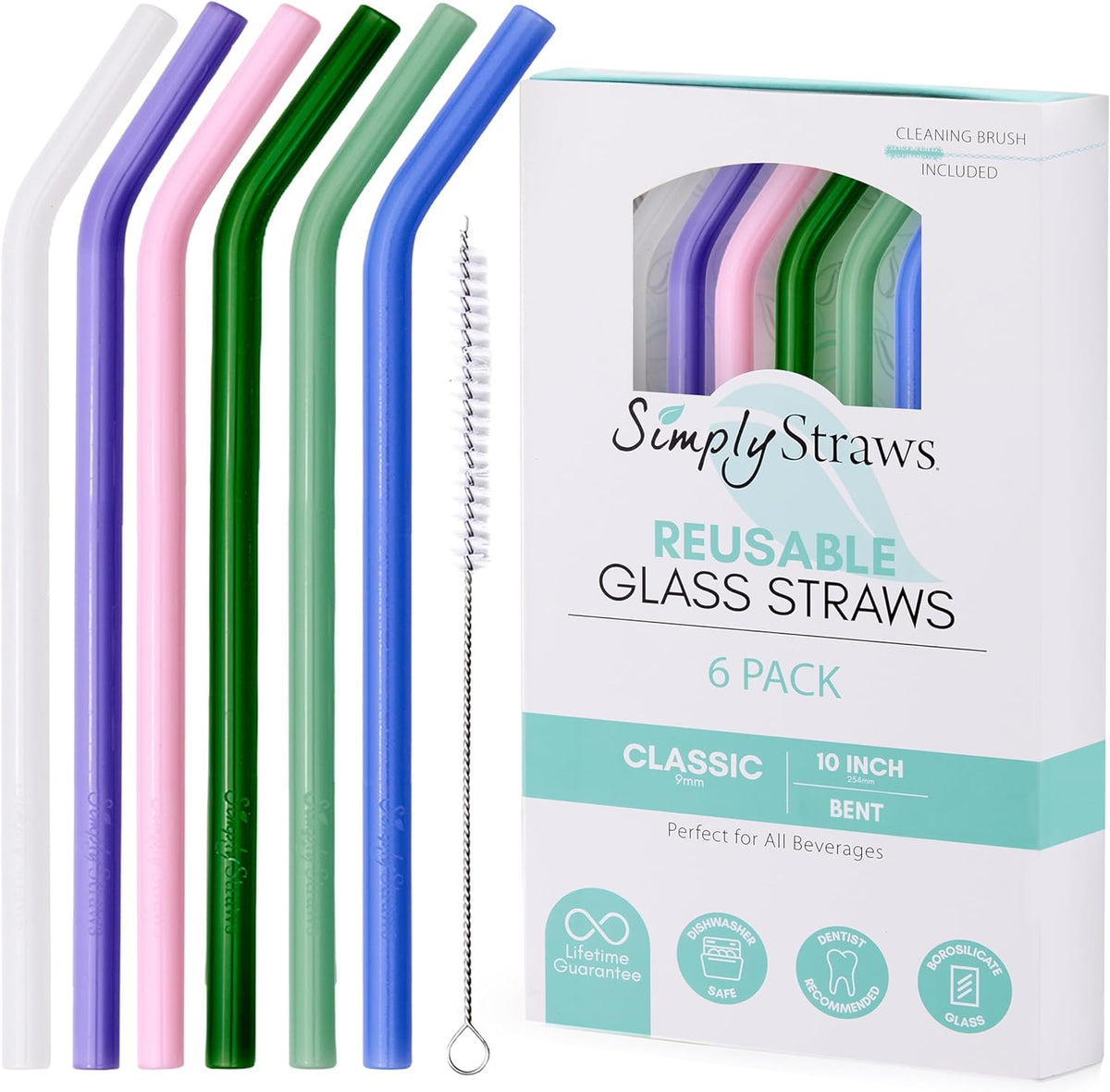 Simply Straws 10 Inch Glass Straws Bent (6-Pack) – Reusable Glass Straws for 24 Oz Mason Jars & Tumblers, with Cleaning Brush – Durable, Dishwasher Safe, Hot & Cold Use, BPA-Free (Cote d'Azur)