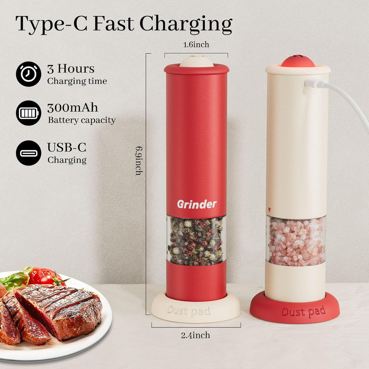 Electric Salt and Pepper Grinder Set - Salt and Pepper Shakers, Automatic Pepper Mill with Adjustable Coarseness, One Hand Operation. Christmas/New Home Gift
