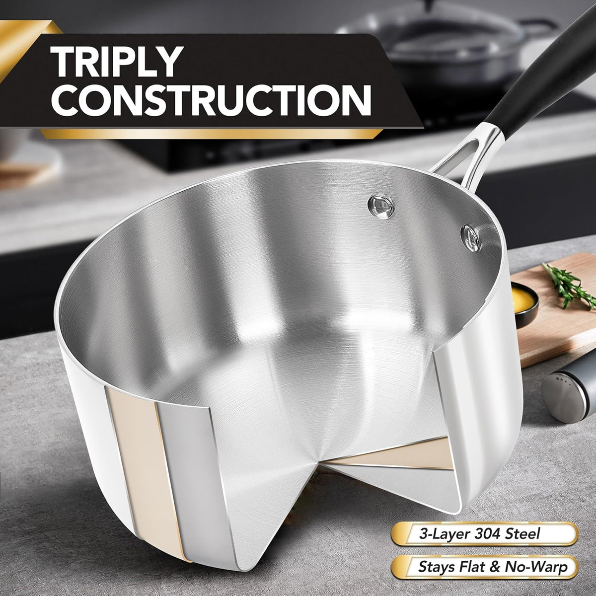 MICHELANGELO Triply Stainless Steel Saucepan Set with Strainer Lid, Heavy-duty Sauce Pan with Lid, Multipurpose Sauce Pot Induction Compatible - 1QT & 2QT & 3QT