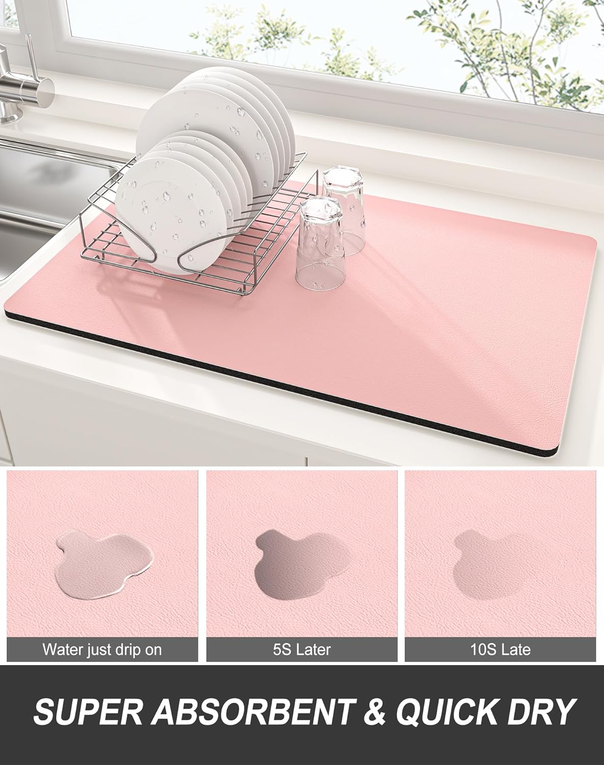 Rnivvi Dish Drying Mat for Kitchen Counter, 12 x 19" Super Absorbent Drainer Pad Easy Clean Dish Rack Pad, Non-Slip Heat Resistant Coffee Bar Mats for Coffee Machine Station Accessories Decor, Pink