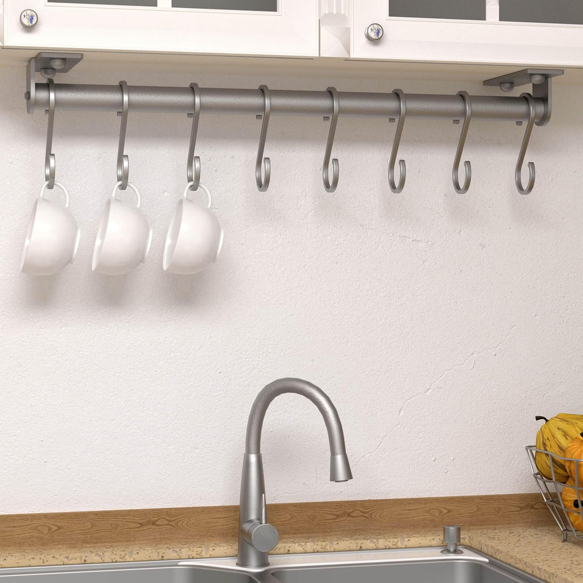 Dseap Kitchen Utensil Holder Hanger, Pot and Pan Rack Wall Mounted, Kitchen Rail with 8 Hooks for Hanging Cooking Utensils, Mugs, Spoons, Wall Mounted, Silver