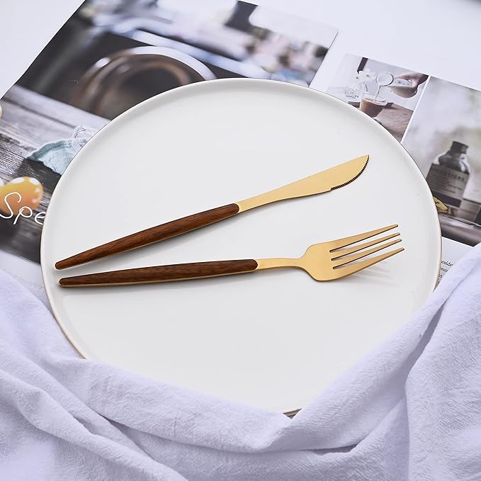16-Piece Silverware Set with Cake Fork, Gold Stainless Steel Flatware Cutlery Set, Eating Utensils Set with Wooden effect Handle, Include Knife Fork Spoon, Mirror Polished, Dishwasher Safe