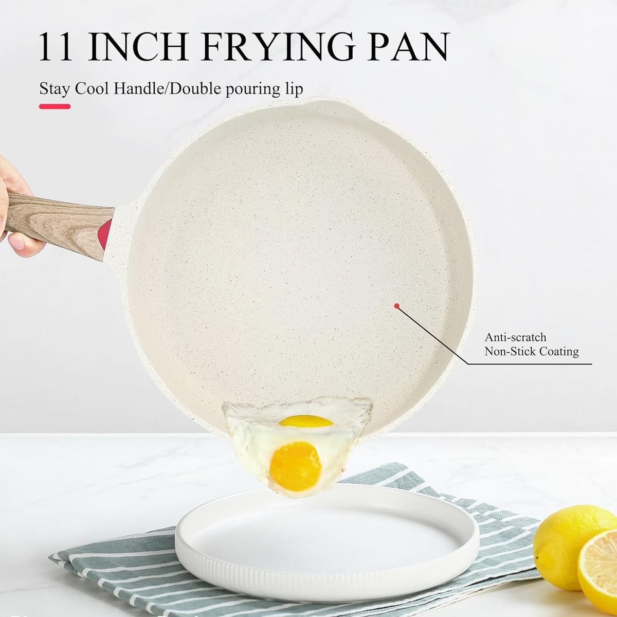 Vinchef Nonstick Frying Pan Anti Scratch,11 Inch Skillet Cast Aluminum Cookware, Induction Compatible White