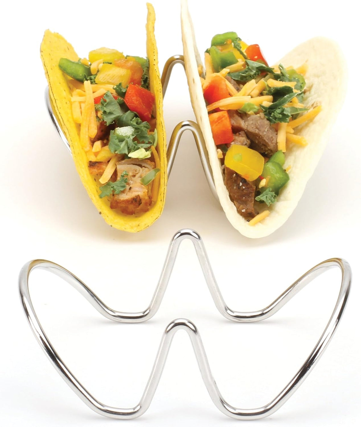 2LB Depot Taco Holder Set with 2 Stackable Stainless Steel Stands, Each Rack Holds 2 Hard or Soft Tacos, Five Styles Available, Perfect for Home and Restaurants