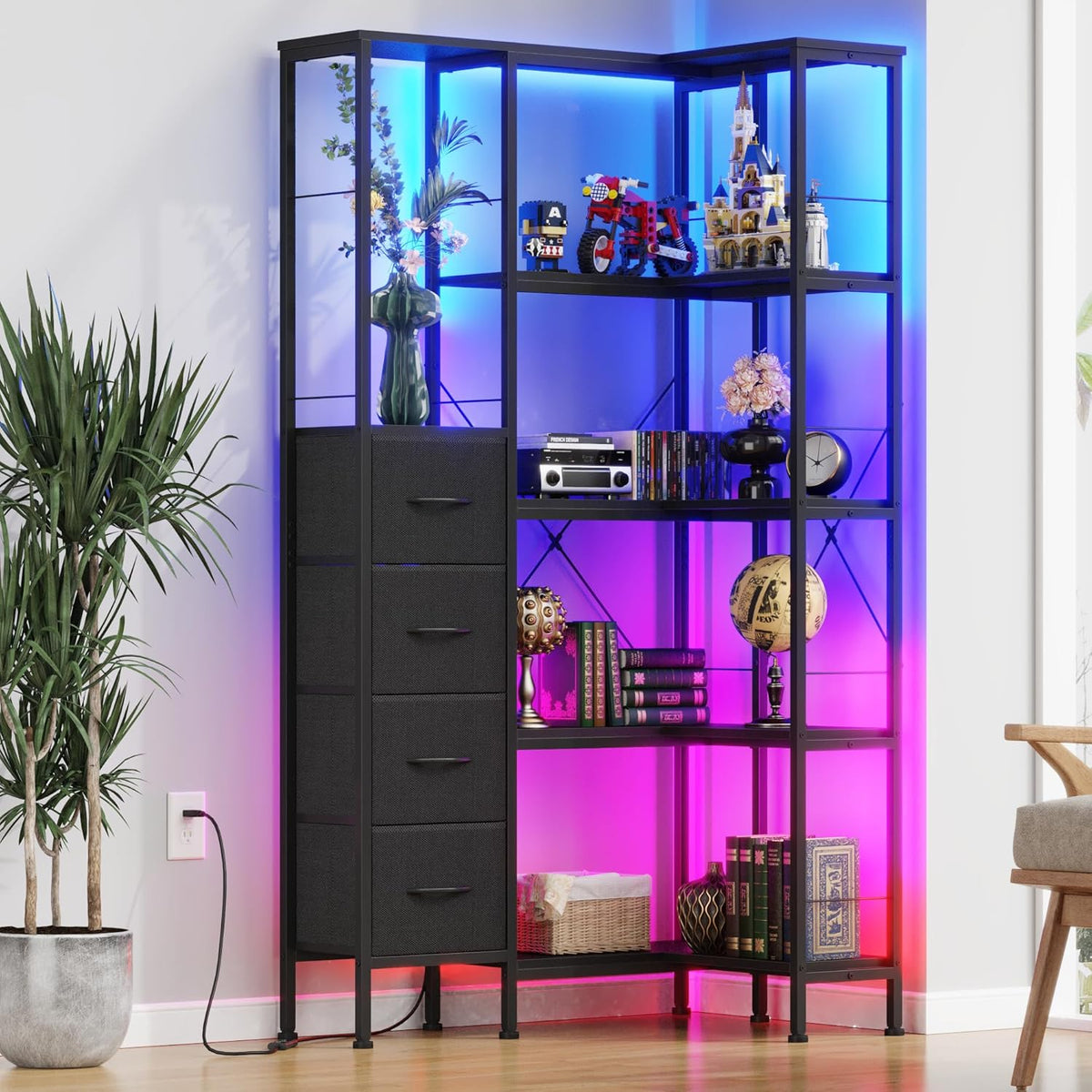 Corner Bookshelf with LED Light Strips & 4 Fabric Drawers, 5-Tier Convertible Corner Shelf with Display Shelf, Large Wood Industrial Bookcase for Living Room, Bedroom, Home Office, Black