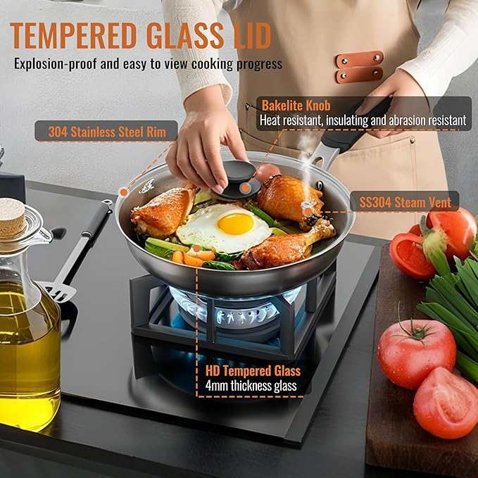 Tempered Glass Lids for Pots and Pans, Cast Iron Skillet Lid 10.5 Inch, Round Frying Pan Lid, Replacement Pan Cover, Crock Pot Lid with Stainless Steel Rim, Dishwasher Safe, Cookware Pot Covers