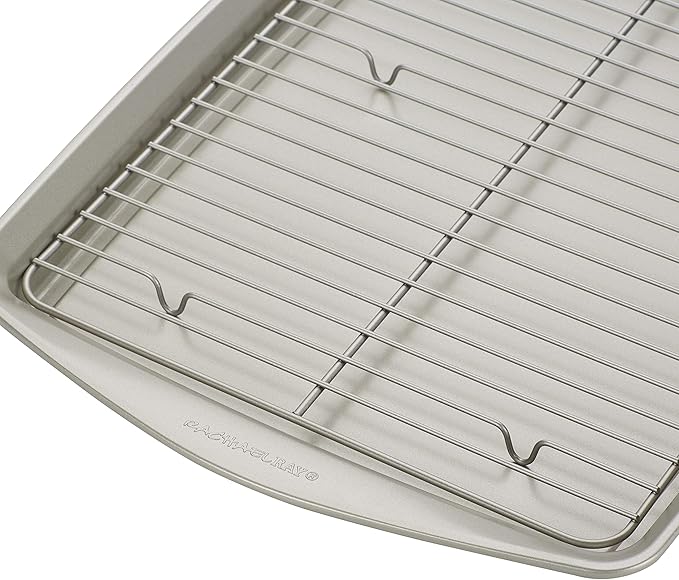 Rachael Ray Nonstick Bakeware Set without Grips, Nonstick Cookie Sheets / Baking Sheets and Cooling Rack - 2 Piece, Silver