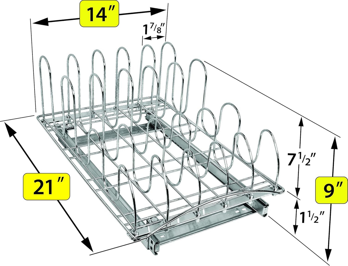 LYNK PROFESSIONAL® Pull Out Pot Lid and Cookie Sheet Organizer Rack for Cabinet - Lifetime Ltd. Warranty - Sliding Kitchen Organizers – Pans, Lids, and Tray Storage - 14W x 21D, Extra-Large, Chrome