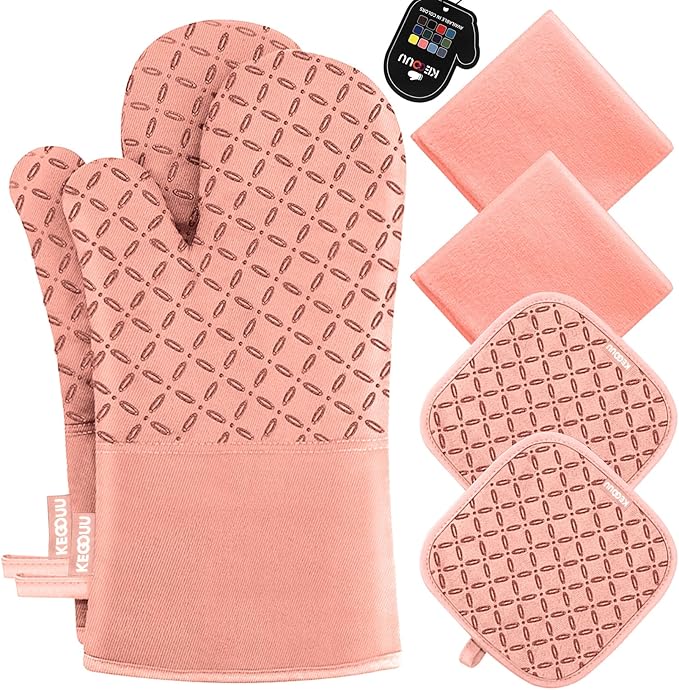 KEGOUU Oven Mitts and Pot Holders 6pcs Set, Kitchen Oven Glove High Heat Resistant 500 Degree Extra Long Oven Mitts and Potholder with Non-Slip Silicone Surface for Cooking (Pink)