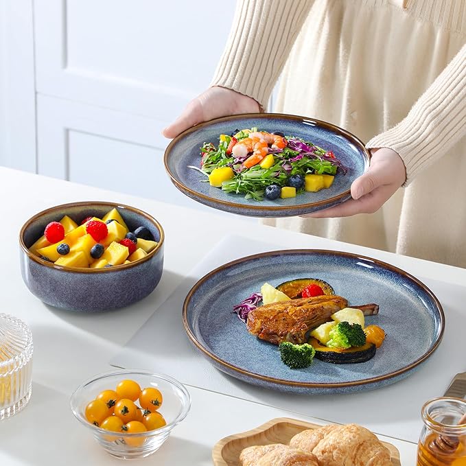 vancasso PLAYA Plates and Bowls Sets, 24 Pieces Grey-Blue Dinnerware Sets for Kitchen, Reactive Glaze Dishes Set for 8, Dishwasher and Microwave Safe