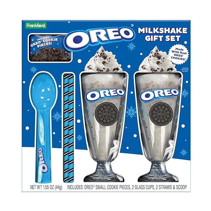 Frankford Candy OREO Cookies and Cream Milkshake Gift Set with Cookie Pieces, 2 Glass Cups, 2 Straws, and Ice Cream Scoop