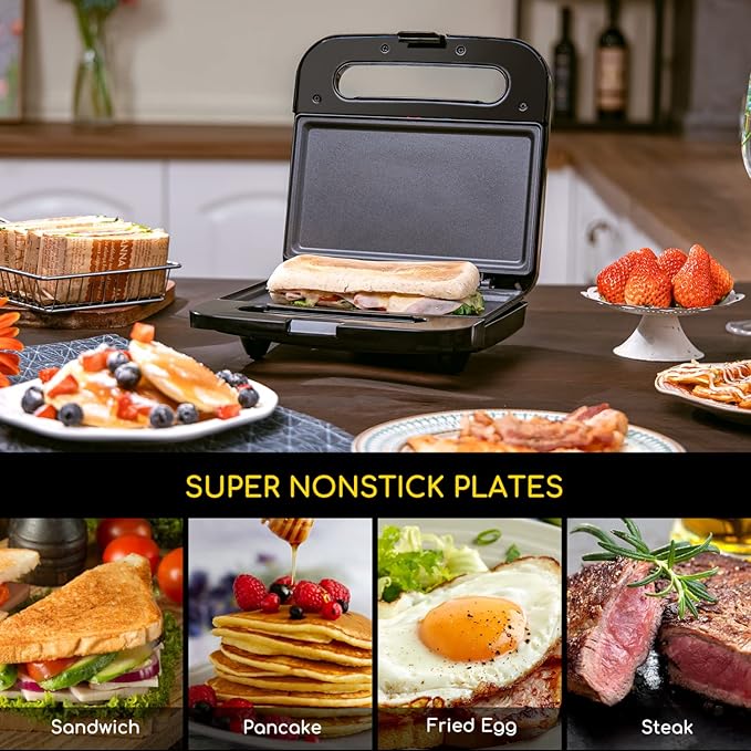 Aigostar Sandwich Maker, Non-Stick Panini Press Sandwich Maker Breakfast Grilled Cheese Maker, Stainless Steel Tostadora de Pan