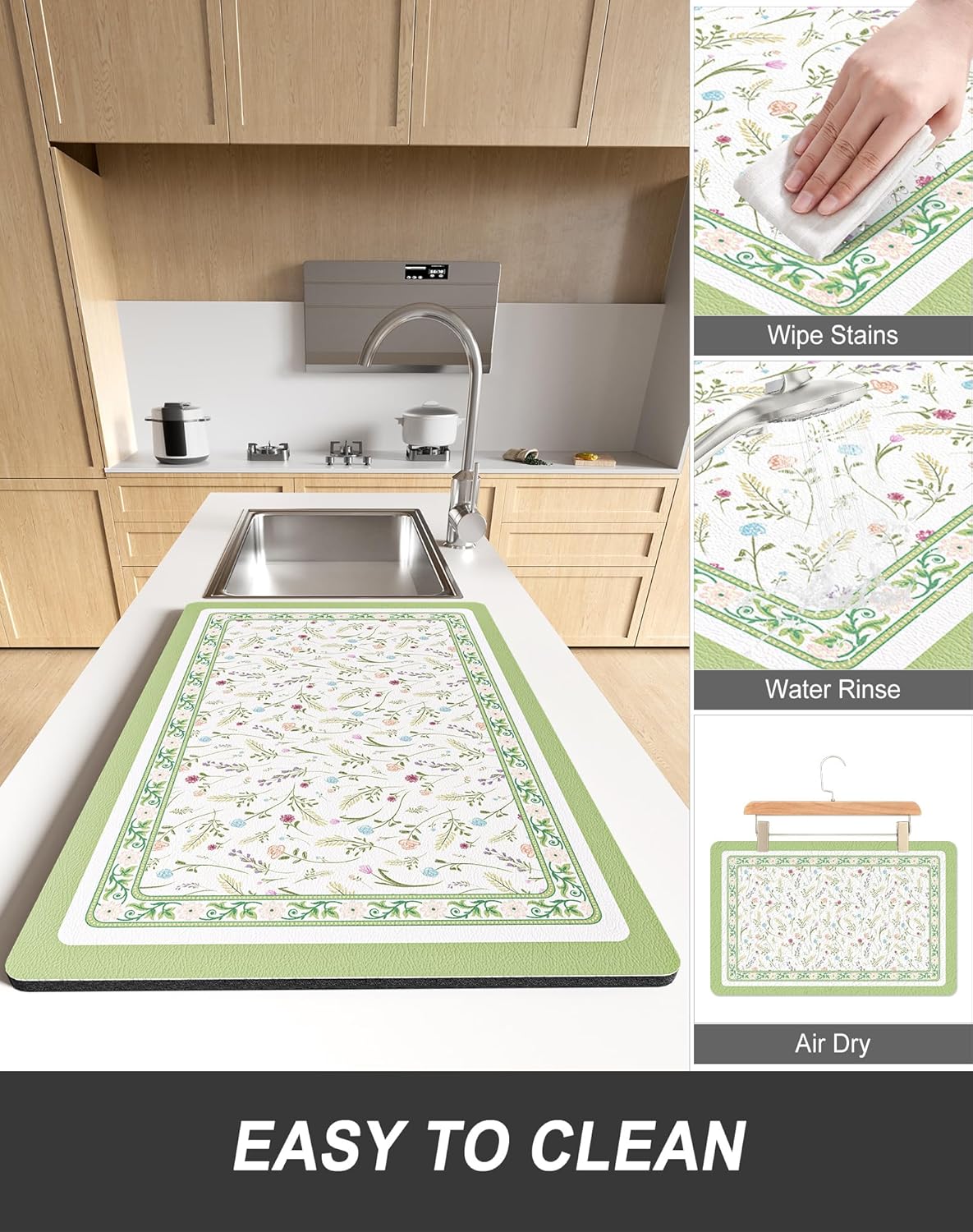 Rnivvi Dish Drying Mat for Kitchen Counter, XL 15 x 24" Cute Flower Theme Absorbent Draining Pad, Non-Slip Heat Resistant Coffee Bar Mat for Coffee Machine Station Accessories, Green Dish Rack Pad