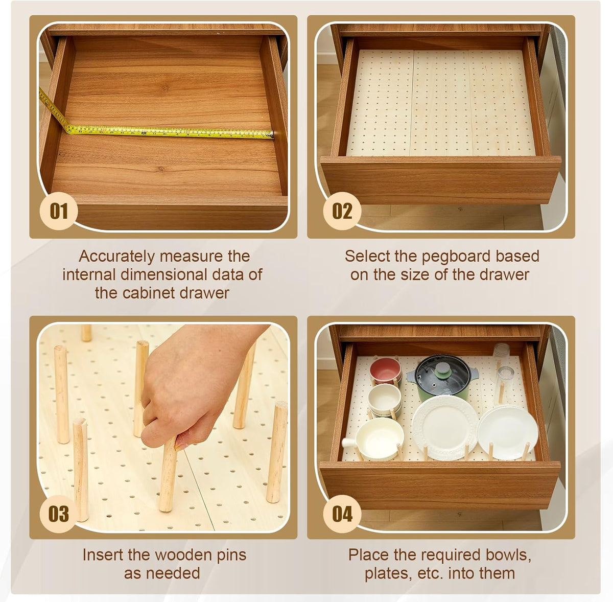 Kigley 12 Pcs Pegboard Drawer Organizer with 96 Drawer Peg Wood Peg Board Wooden Kitchen Plate Organizer for Dishes Food Containers Cookware Utensils(17 Inch,Wood Color)