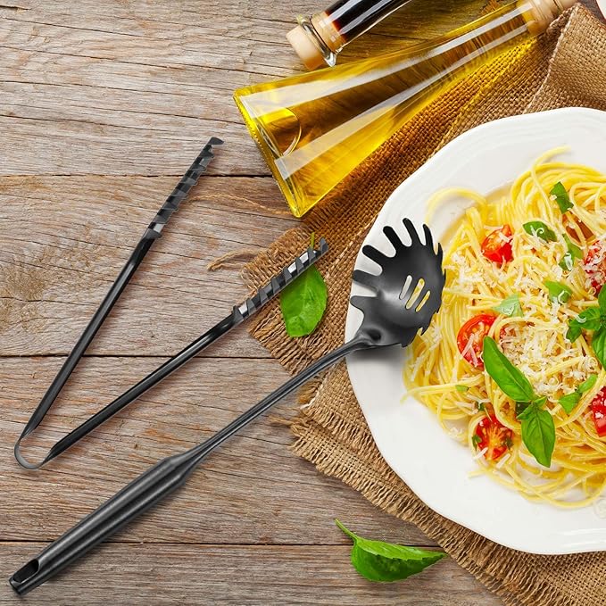 Patelai 2 Pcs Stainless Steel Pasta Spoon with Teeth Large Spaghetti Utensil, 9.4'' Tong and 13.6'' Pasta Fork with Vacuum Handle, Comfortable Grip Design Spoons for Kitchen(Black)