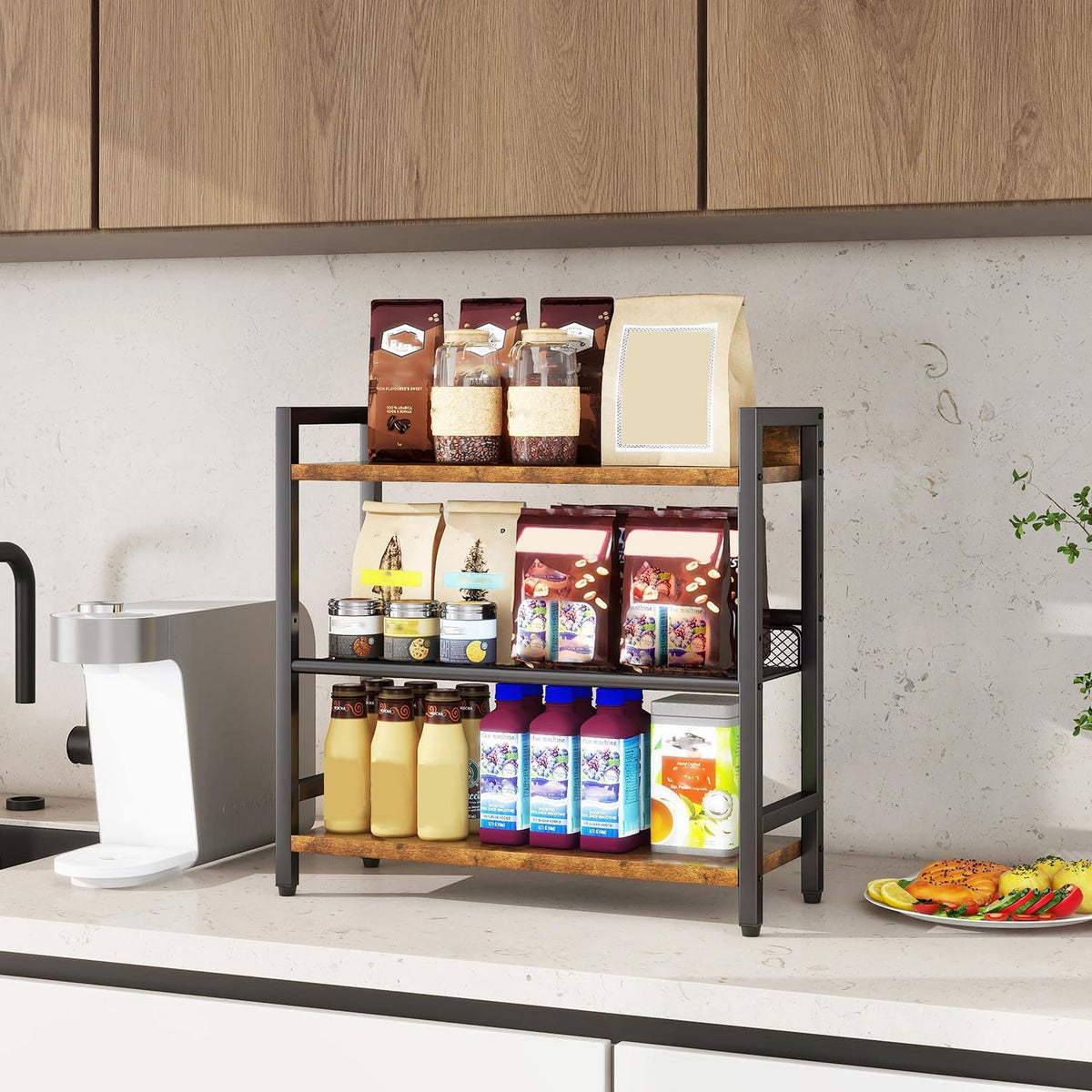 IBUYKE 3-Tier Spice Rack Industrial Counter Shelf Desktop Storage Organizer Standing Seasoning Rack for Countertop Kitchen Office Living Room Desktop Rustic Brown UTLJ021H