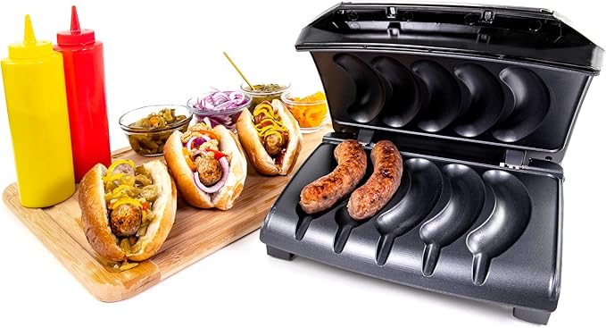 Homecraft Electric Sausage & Brat Grill with Oil Drip Tray, Carry Handle, and Cord Storage, up to 5 Links of Beef, Turkey, Chicken, Veggie Sausages, or Hot Dogs