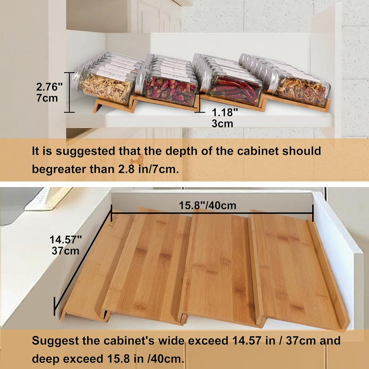 Spice Drawer Organzier,4 Tiers Bamboo Spice Rack Tray Insert for Cabinet Drawer Countertop, Kitchen Seasoning Storage Drawer Organization,14.57" Wide x 15.8" Deep （Hold UP To 32 Jars