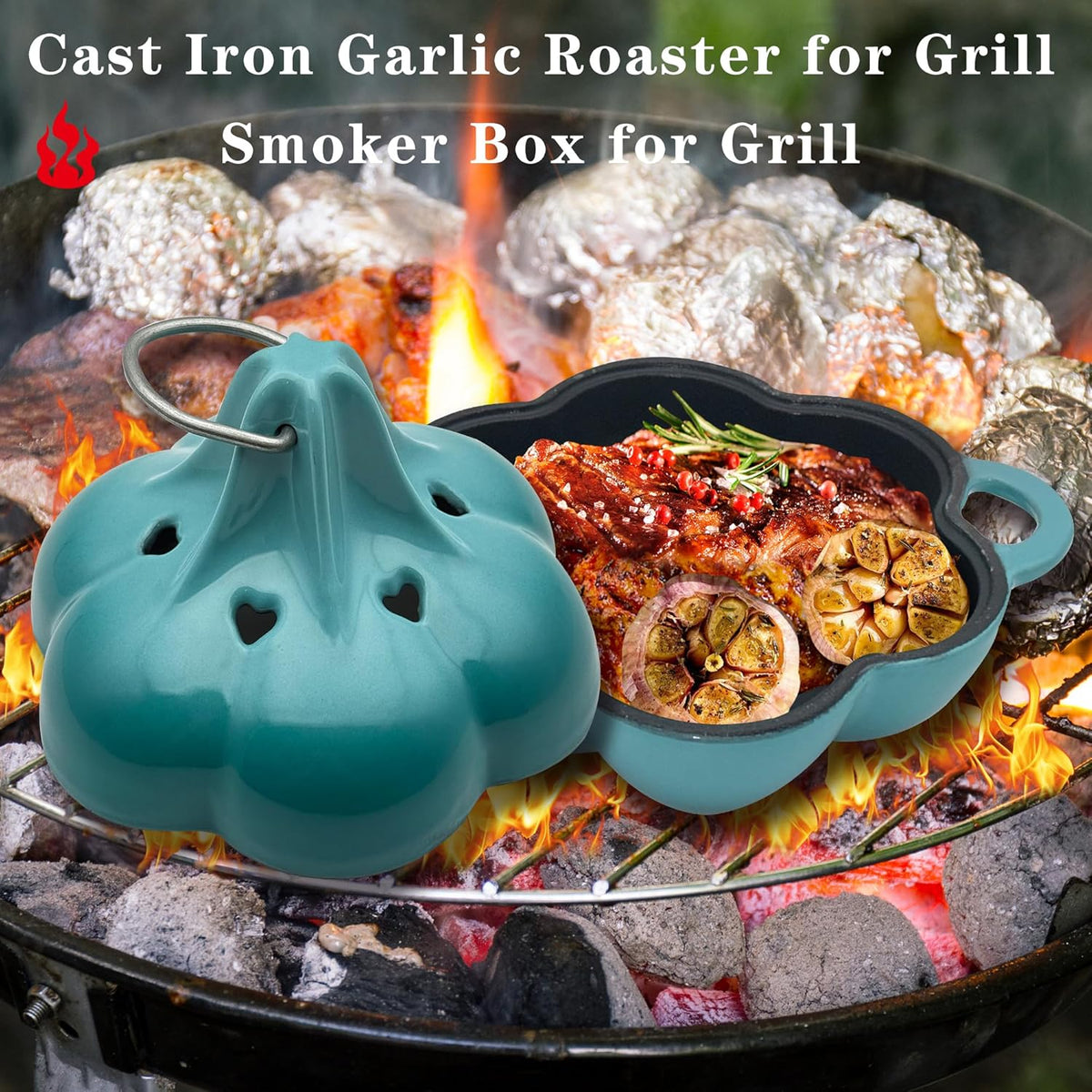 Enameled Cast Iron Smoker Roaster & Garlic Roaster Baker, Multi-Functional Box for Gas/Pellet/Charcoal Grills, Oven & Wood Stove, Enameled Dutch Oven Style Cookware, Enamelled Cooking Pot