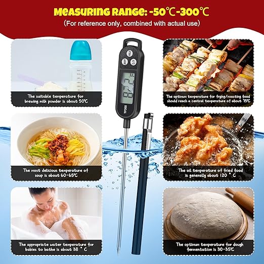 6 Pcs Instant Read Meat Thermometer with Long Probe 9.65 Inch Kitchen Cooking Food Candy Waterproof Digital Thermometer for BBQ Water Milk Yogurt Liquid (Round&Square Ring,Black,White,Red)