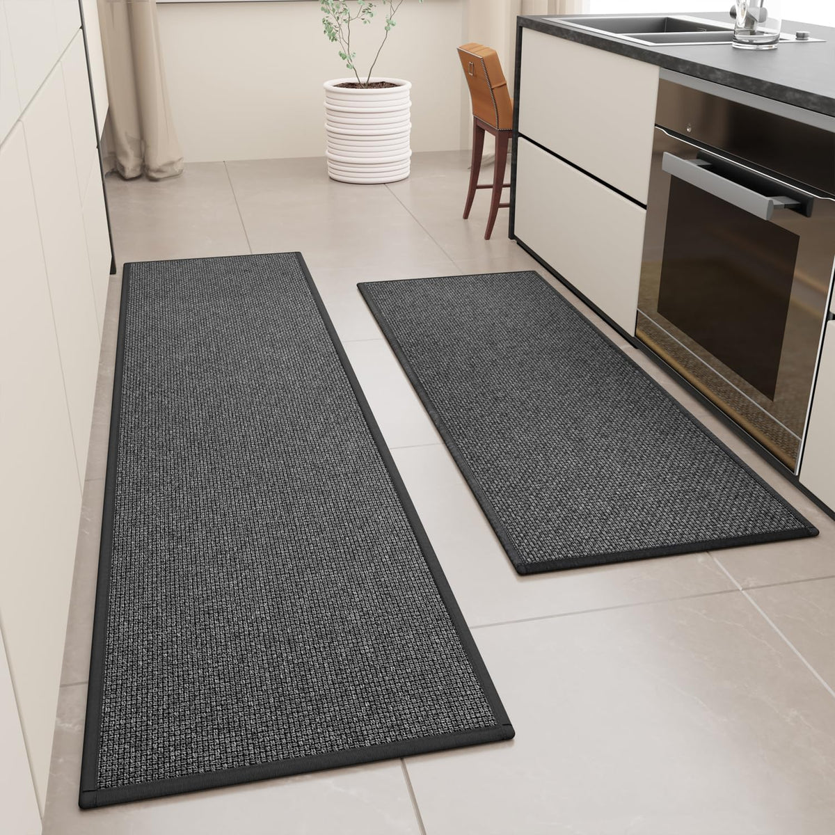 Kitchen Mat Set of 2 PCS, Cushioned Non Slip Rugs for Kitchen Floor, Absorbent Runner Comfort Standing Mats Washable for Kitchen, Office, Home, (Black, 17.3"x47"+17.3"x71")