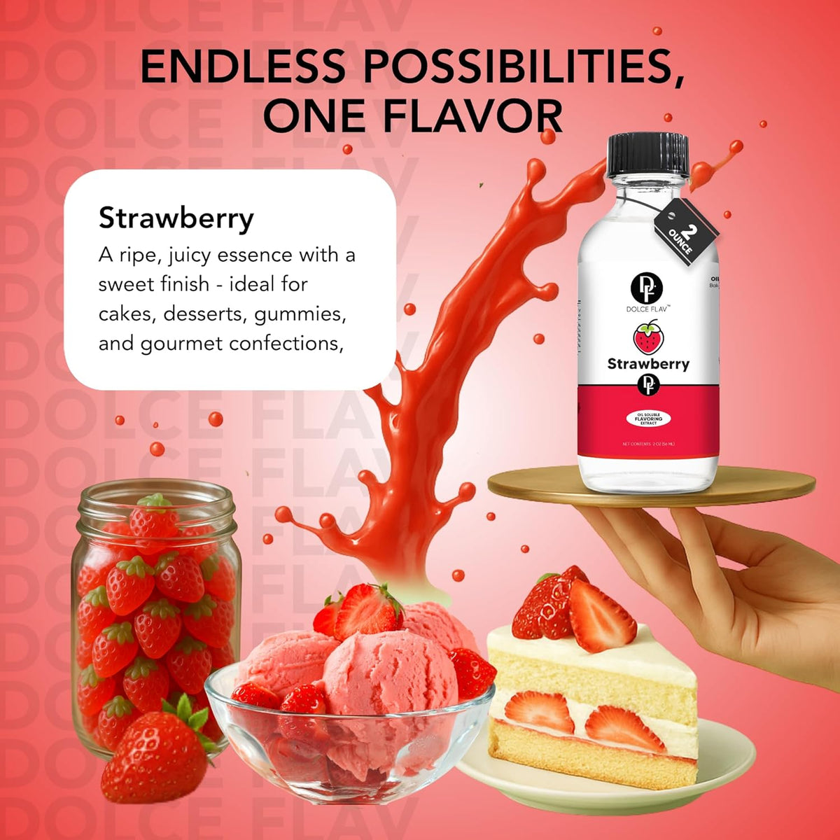 Dolce Flav Strawberry Extract – 2 Ounce Oil-Soluble Kosher, Sugar-Free, Concentrated Berry Flavor for Candy, Chocolates & Desserts, Includes Measured Dropper