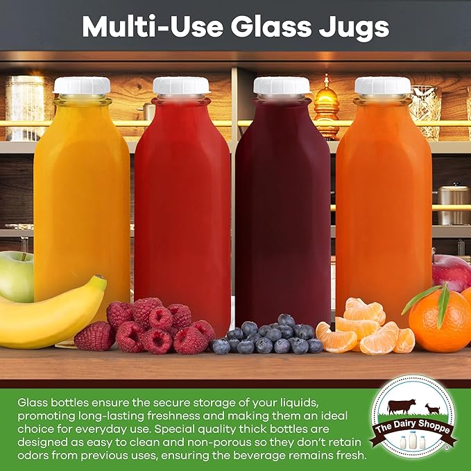 The Dairy Shoppe Heavy Glass Milk Bottles - Jugs with Lids and Silicone Pour Spouts - Clear Milk Containers for Fridge - Reusable Glass Milk Jug Dispenser - Made in USA (33.8 oz, 4 Pack)